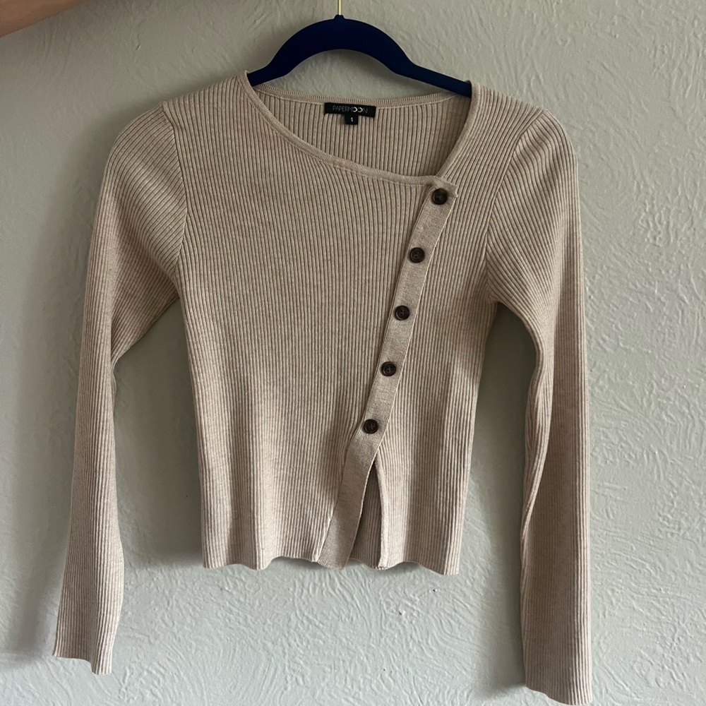 Cropped Tan Sweater with asymmetrical buttons
